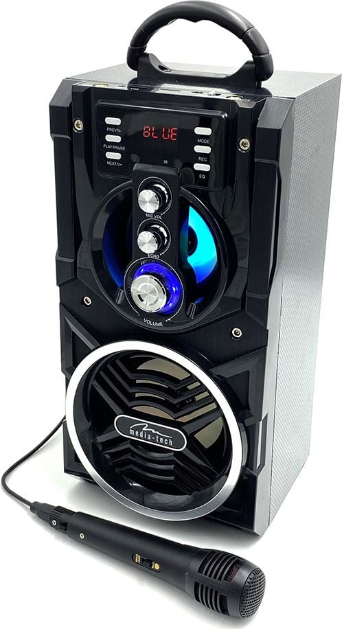 Boxa Karaoke Portabila Media-Tech Partybox BT, Radio FM, MP3 Player, 18W RMS, cu Subwoofer, Incinta Lemn, USB + SD, Telecomanda, Antena, Negru