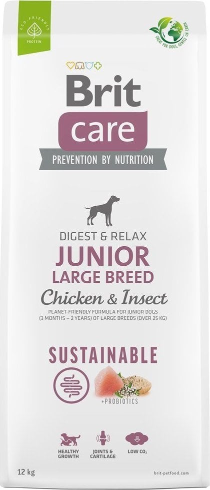 Produsul britanic Brit Care Dog Large Chicken Insect Sustenabil, în greutate de 12 kg.