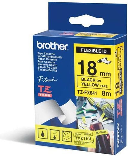 Benzi etichete - Banda compatibila Brother TZ-FX641 / TZe-FX641, 18mm x 8m, flexi, text negru / fundal galben