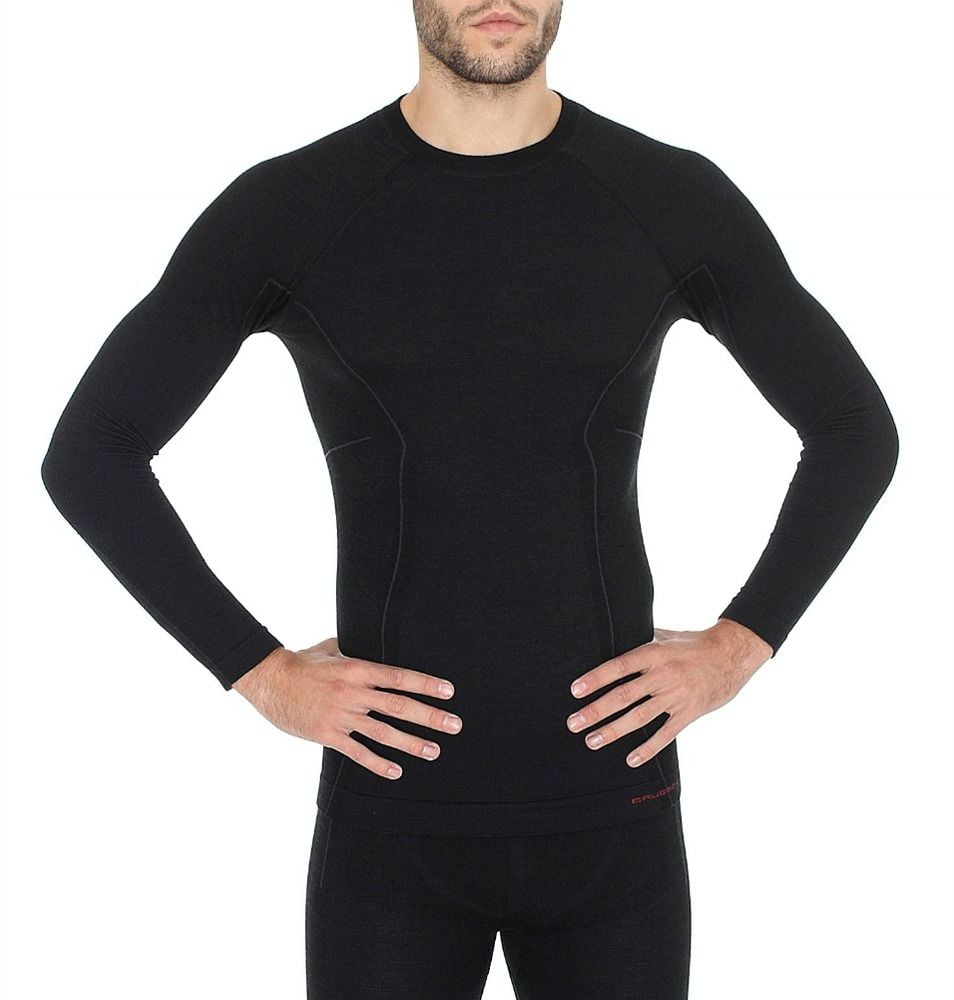 Tricou Brubeck pentru bărbați Active Wool cu ​​mânecă lungă, negru S (LS12820)