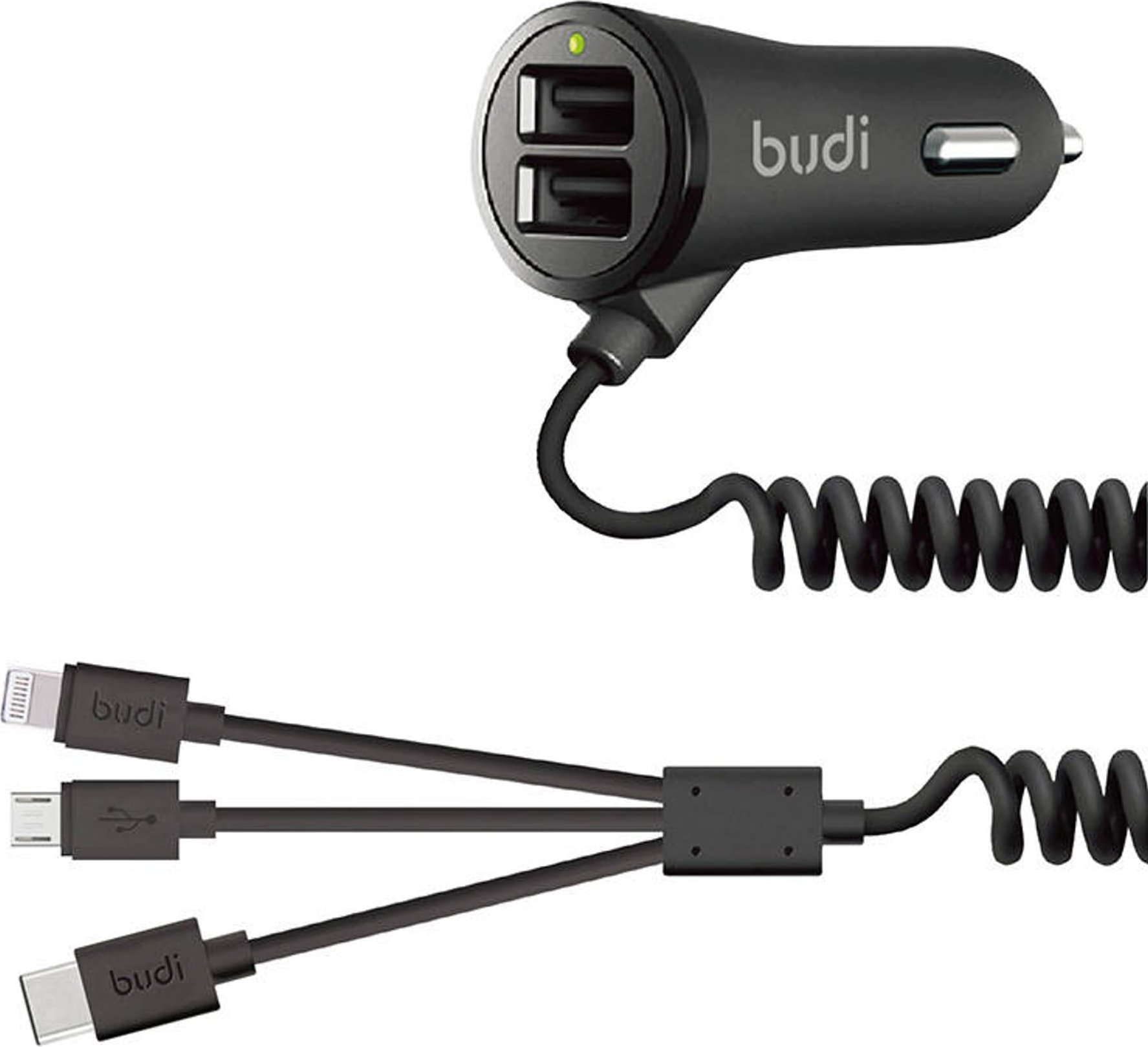 Budi Incarcator LED Incarcator auto Budi 2x USB, 3.4A + 3in1 USB la USB-C / Cablu Lightning / Micro USB (negru)