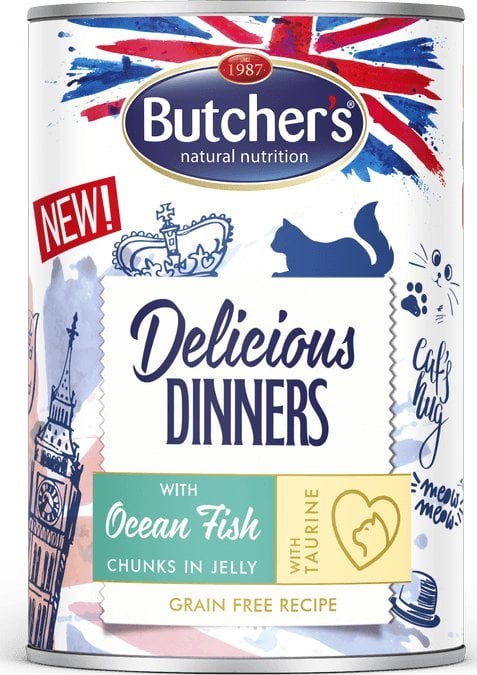 Măcelari BUTCHER'S Delicious Dinners cu bucăți de pește de mare în jeleu 400g (pisica)
