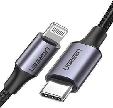 Cablu alimentare si date Ugreen US304, pentru smartphone, Fast Charging, USB Type-C la Lightning 5V/3A, braided, 2m, Negru