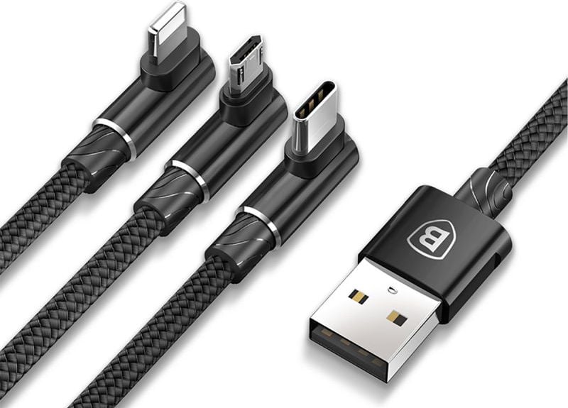 Cablu Baseus MVP Game 3 in 1 USB la MicroUSB, Lightning si Type-C, Negru