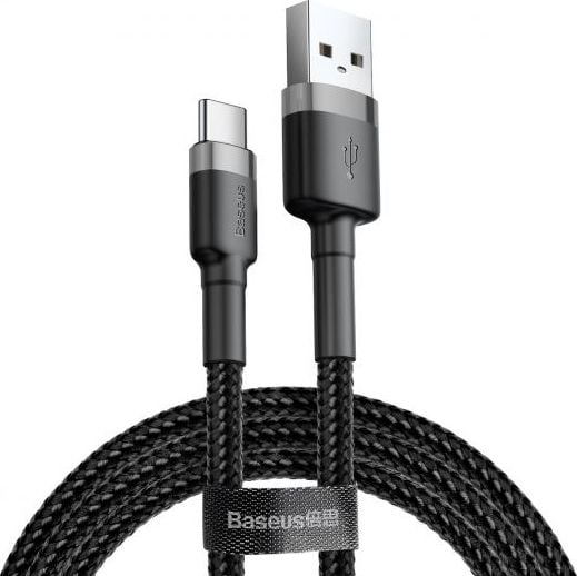 Cablu Date si Incarcare Ultrarezistent Baseus Cafule, USB la Type-C USB-C USB 3.1, 3A Fast Charge, 2 Metri Negru + Gri