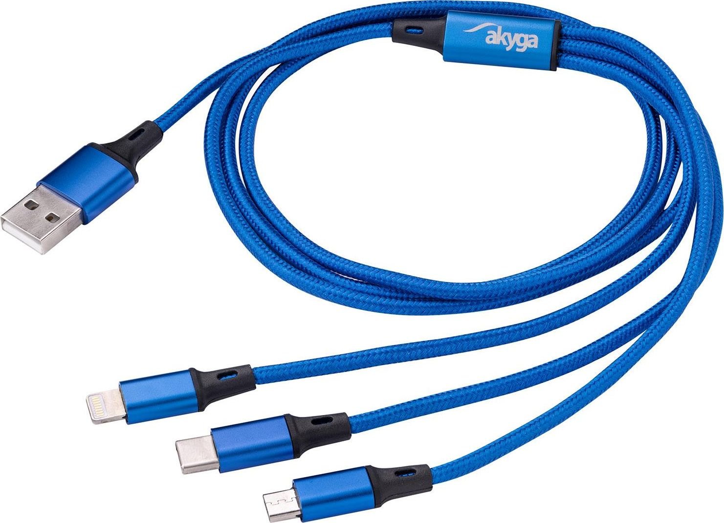 Cablu de alimentare, Akyga, AK-USB-27, USB A la micro USB B/USB C/Lightning, 1.2 m, Albastru/Negru