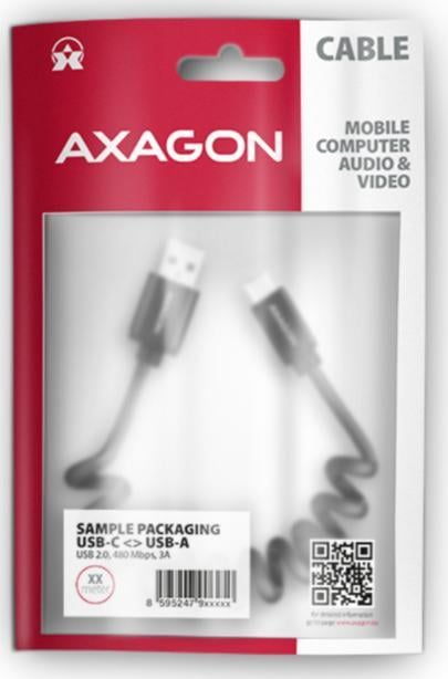 Cablu de date Axagon Twister BUCM-AM10TB, USB-C la USB-A, 0.6m, USB 2.0, 3A, 0.6m, Aluminiu Negru