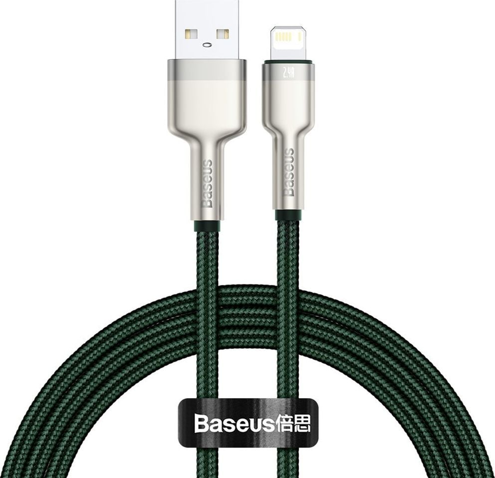 Cablu de date metalic Cafule USB - Lightning, Baseus, 2.4A, 1 m, Verde inchis