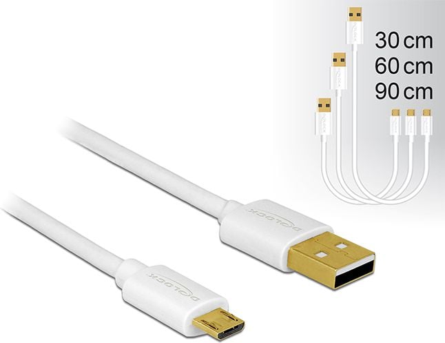 Cablu de date Micro USB Tip B si Tip A 2.0 Delock, 30 cm, 60 cm, 90 cm, Alb