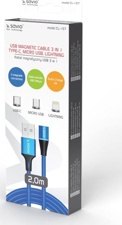 Cablu de date si incarcare rapida magnetic 3 in 1, USB Type-C, Micro USB, tip Lightning, transfer date pana la 480 Mbps, incarcare rapida 3A, Albastru, 2m