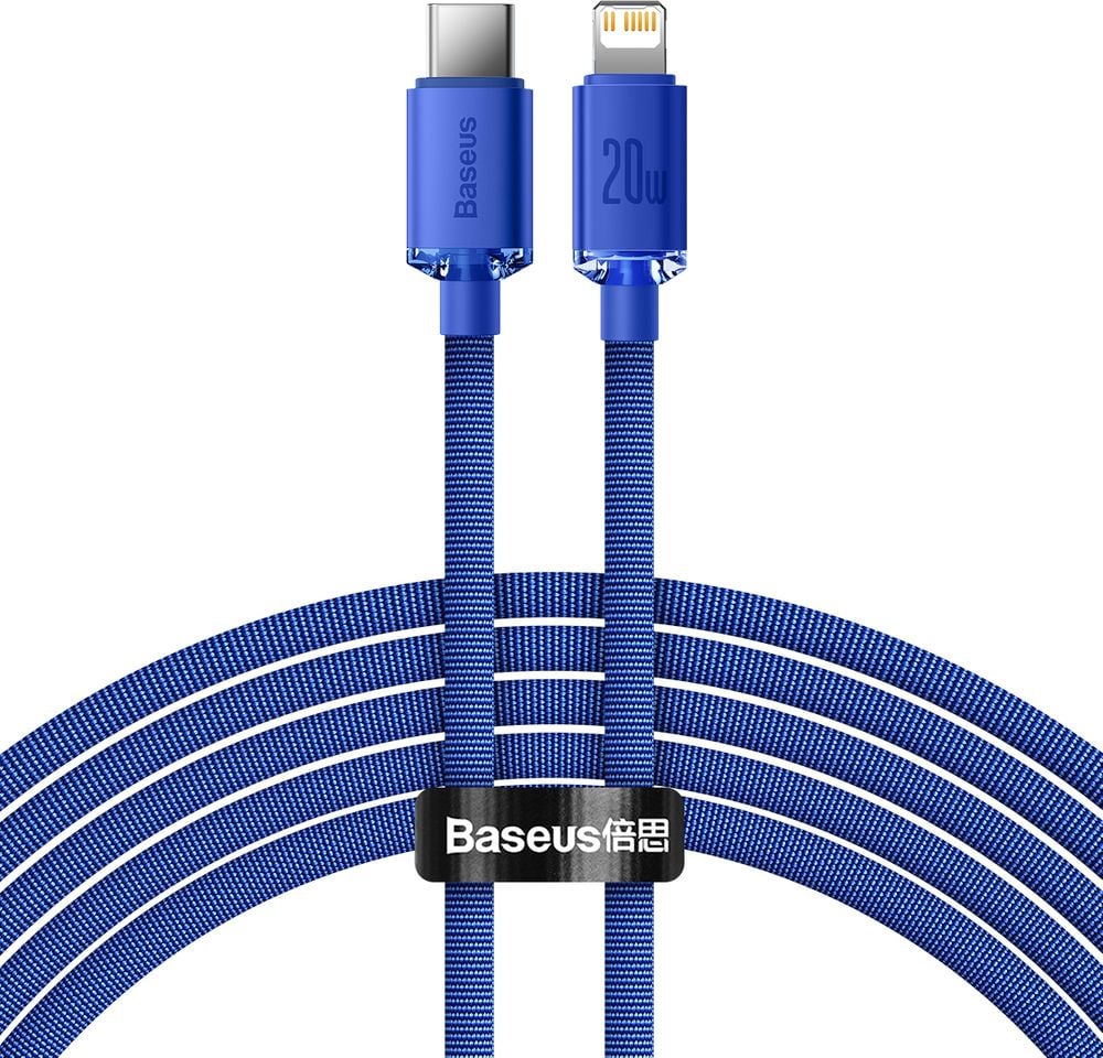 Cablu de date/incarcare Baseus, Crystal Shine Series, Fast Charging, USB Type C to Lightning 20W 2m, Albastru