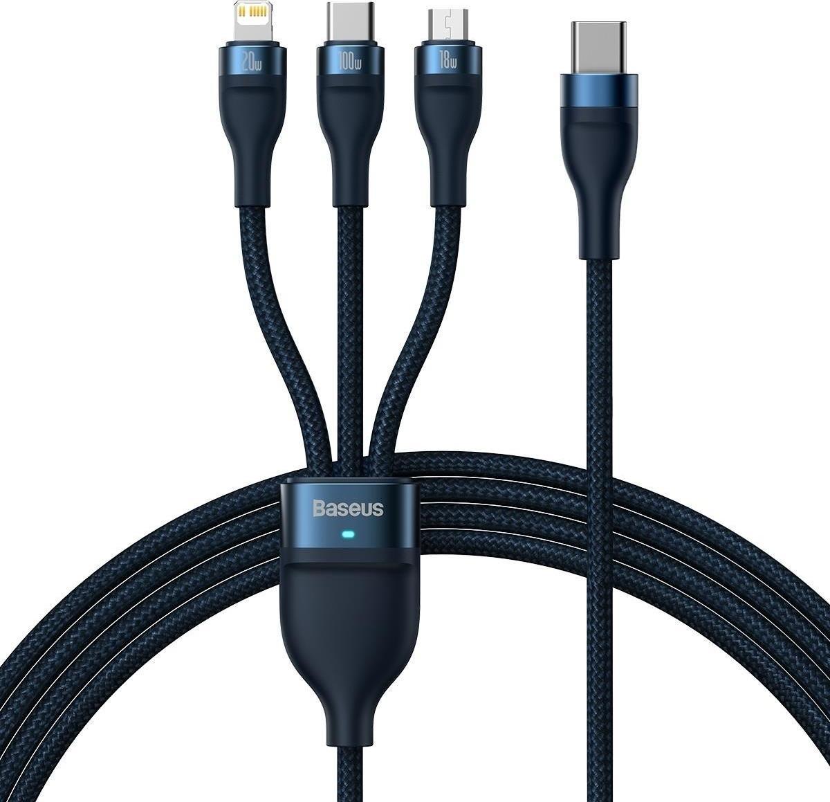 Cablu de incarcare, 3 in 1, Baseus Flash Series 2, USB Tip C la Micro USB, USB-C, Lightning, 100W, 1.5 m, Albastru
