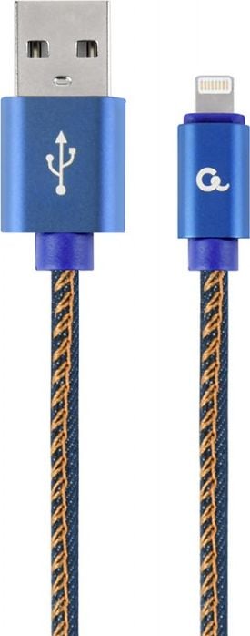 Cablu Gembird,Premium jeans (denim) 8-pin, conectori de metal, 2 m, albastru CC-USB2J-AMLM-2M-BL