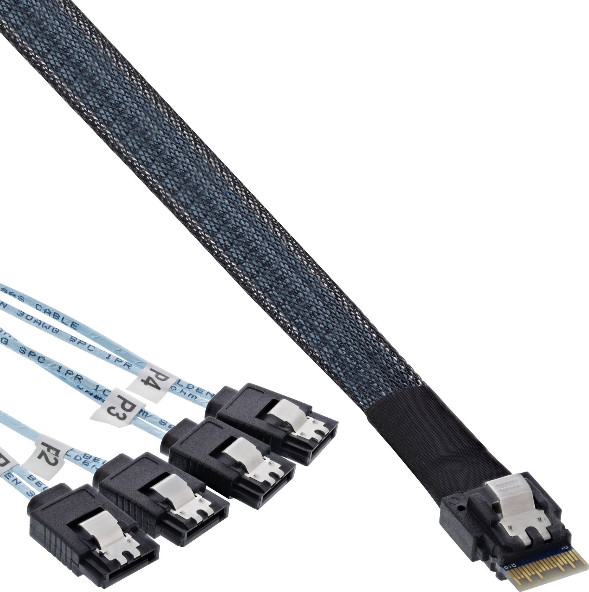 Cablu InLine InLine® Slim SAS, SFF-8654 la 4x SATA cu 7 pini, 12 Gb/s, 1 m