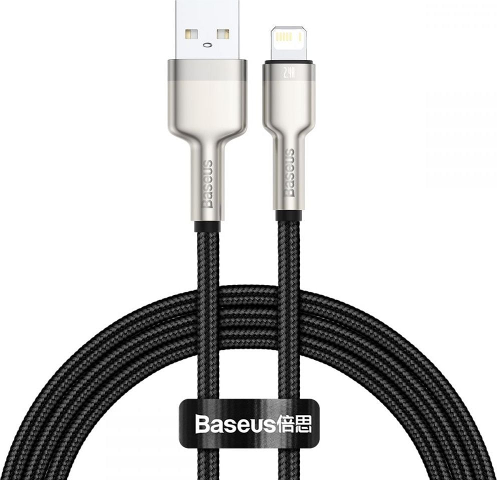Cablu pentru incarcare si transfer de date Baseus Cafule Metal, USB/Lightning, 18W, 2.4A, 1m, Negru