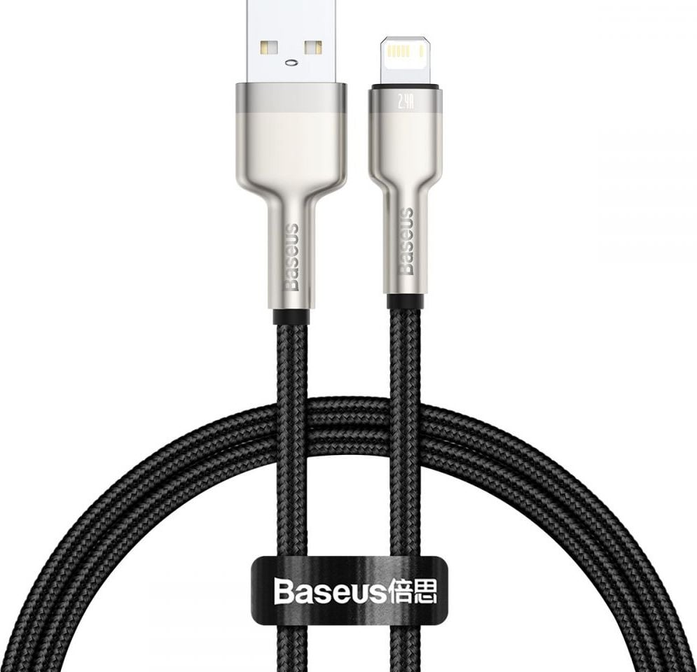 Cablu pentru incarcare si transfer de date Baseus Cafule Metal, USB/Lightning, 18W, 2.4A, 25cm, Negru
