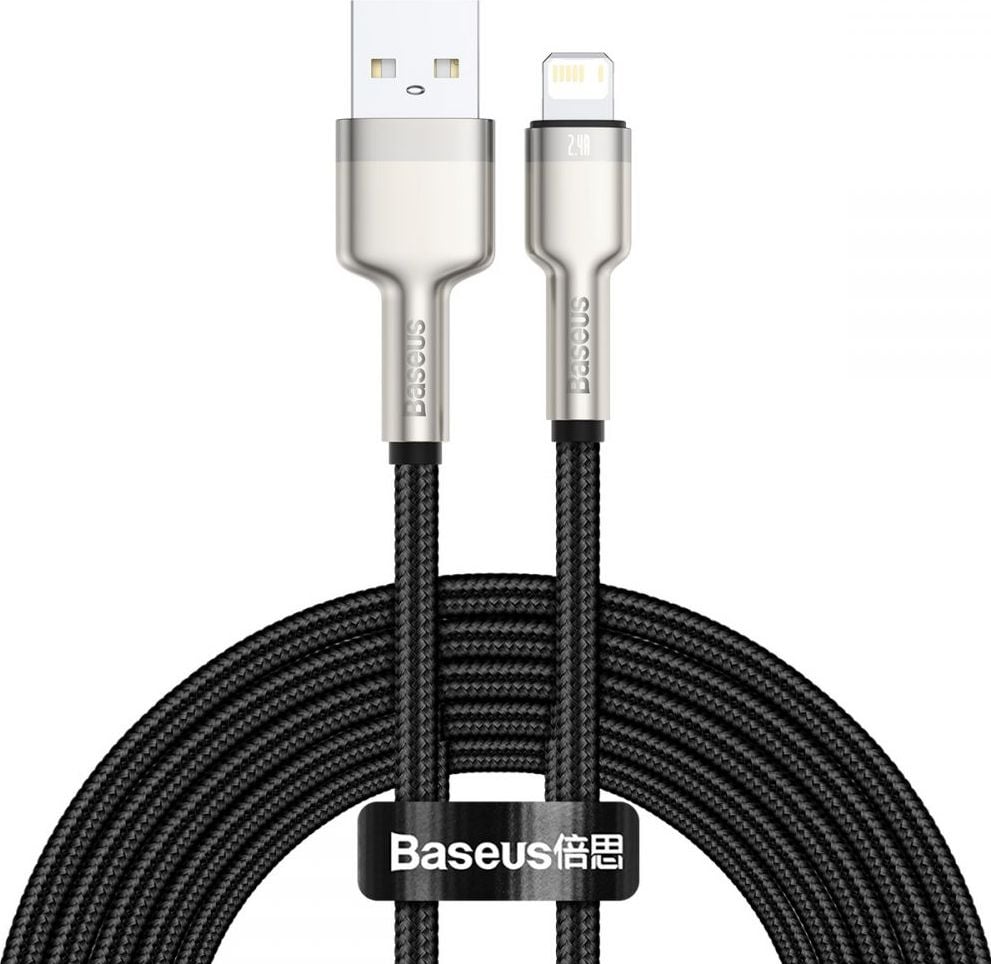 Cablu pentru incarcare si transfer de date Baseus Cafule Metal, USB/Lightning, 18W, 2.4A, 2m, Negru