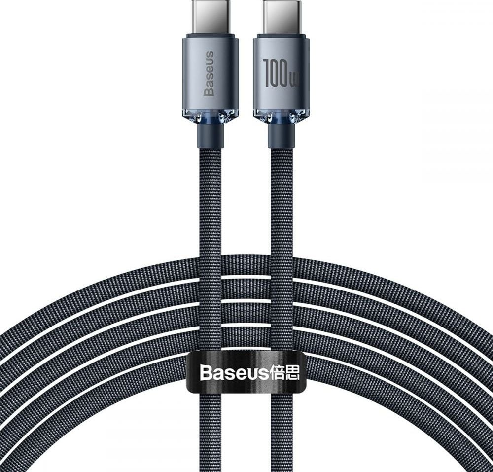 Cablu pentru incarcare si transfer de date Baseus Crystal Shine, 2x USB Type-C, PD 100W, 3A, 2m, Negru