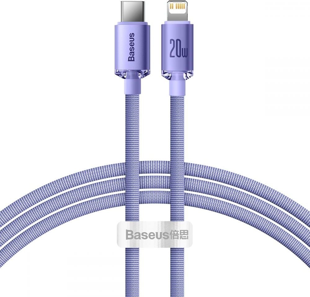 Cablu pentru incarcare si transfer de date Baseus Crystal Shine, USB Type-C/Lightning, 20W, 1.2m, Mov