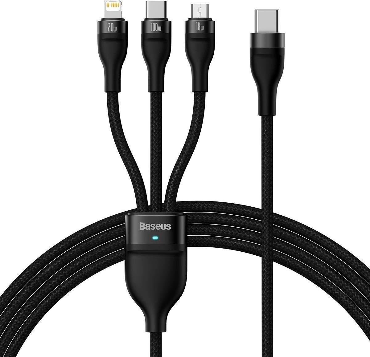 Cablu pentru incarcare si transfer de date Baseus Flash Series II 3 in 1, USB-C - USB Type-C/Lightning/Micro-USB, 100W, 1.5m, Negru