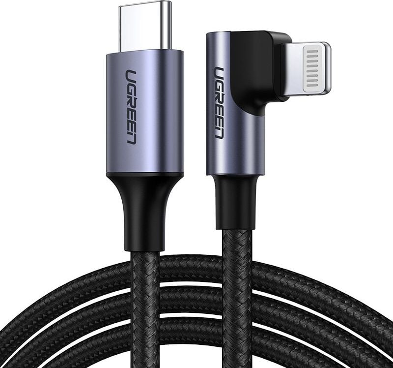 Cablu pentru incarcare si transfer de date UGREEN Elbow US305, USB Type-C/Lightning, certificare MFi, Power Delivery, 3A, 1.5m, Gri