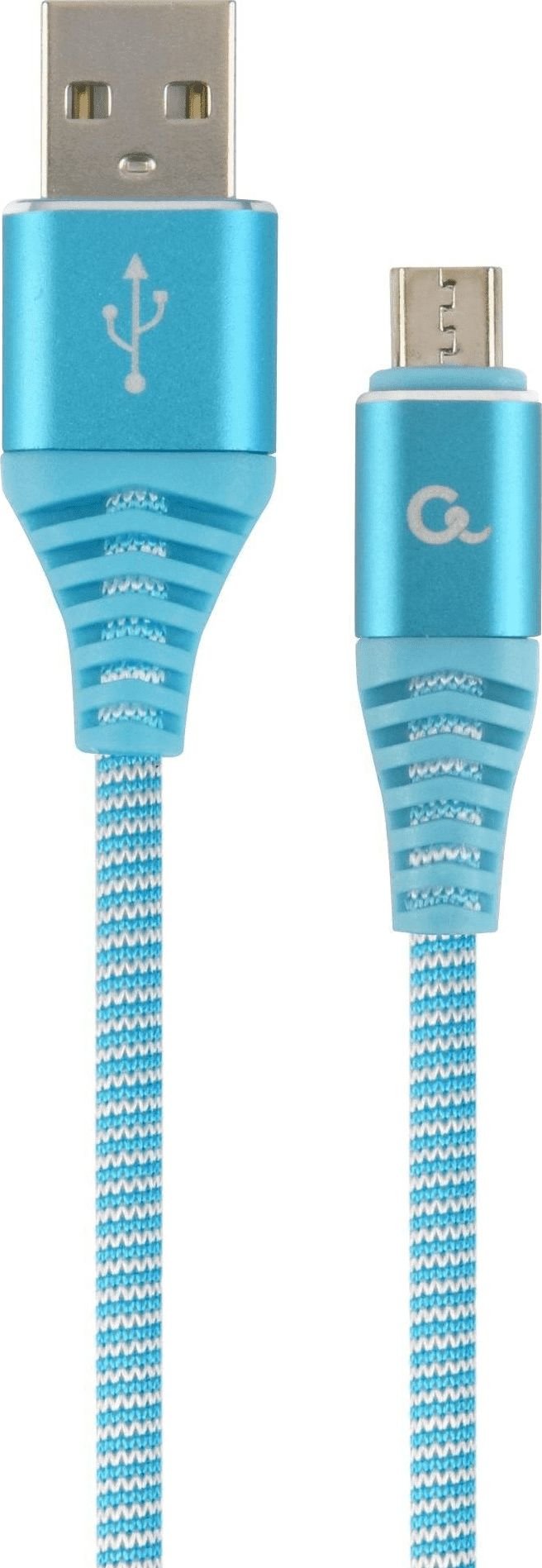 Cablu premium USB 2.0 tata la microUSB tata , 1m, cu invelis din bumbac impletit, Gembird, pentru date si incarcare, 2.1A, in blister, albastru cu alb