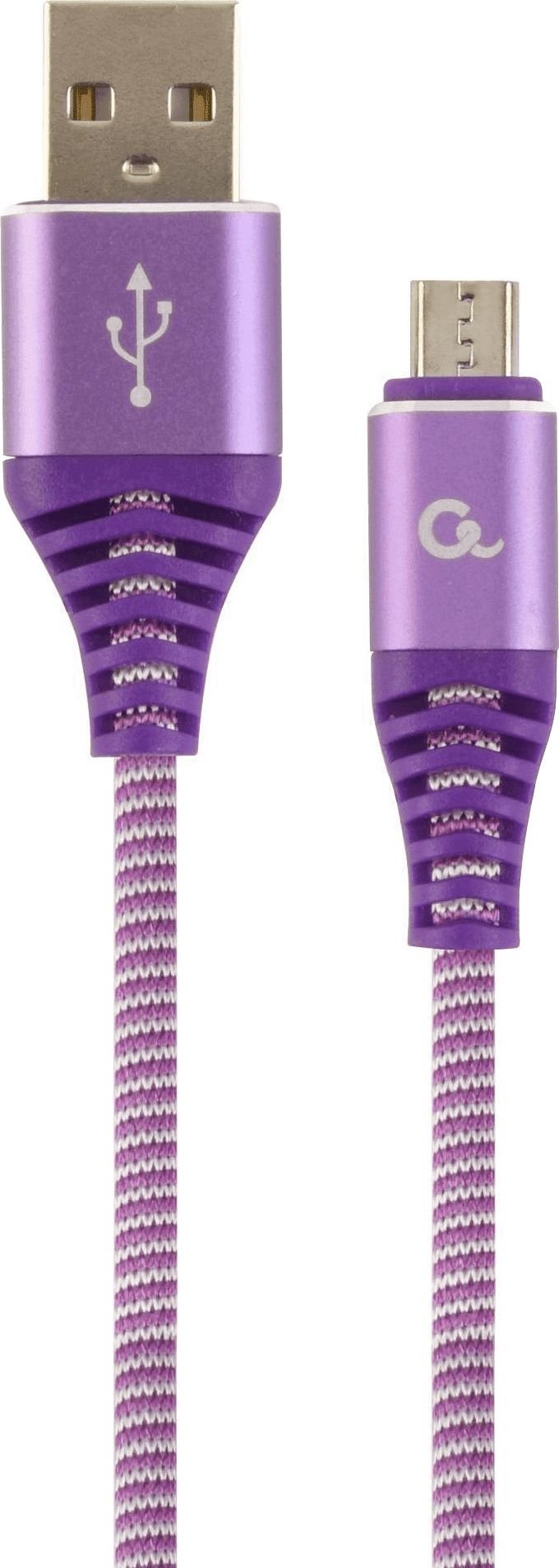 Cablu premium USB 2.0 tata la microUSB tata , 1m, cu invelis din bumbac impletit, Gembird, pentru date si incarcare, 2.1A, in blister, mov cu alb
