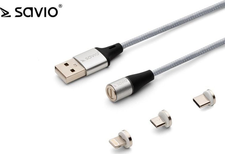 Cablu transfer date si incarcare magnetic, Savio, CL-153, USB 2.0 la USB-C/Lightning/Micro USB, QC/PD, 1m, Argintiu