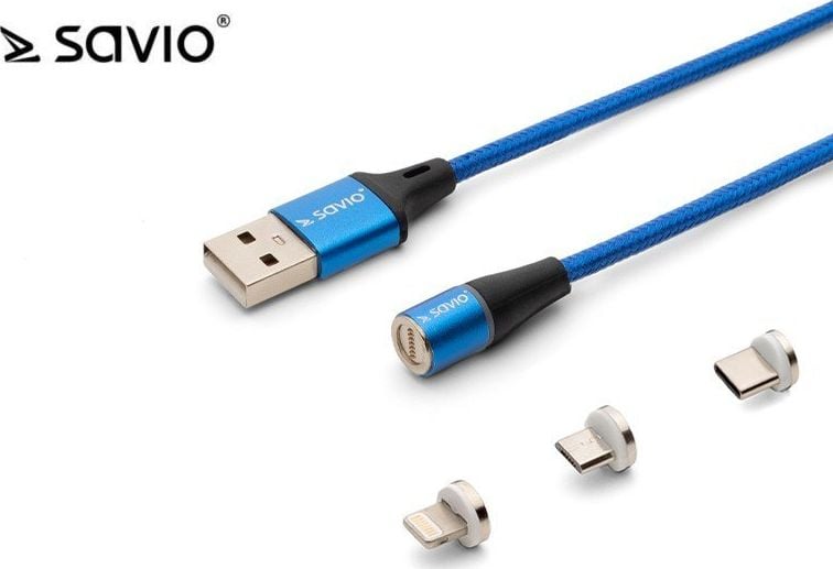 Cablu transfer date si incarcare magnetic, Savio, CL-154, USB 2.0 la USB-C/Lightning/Micro USB, QC/PD, 1m, Albastru