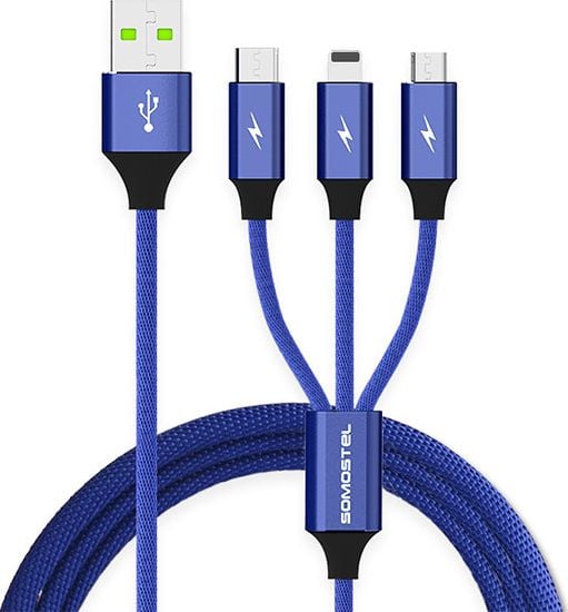 Cablu USB Somostel USB-A - USB-C + microUSB + Lightning 1,2 m Albastru (25718)