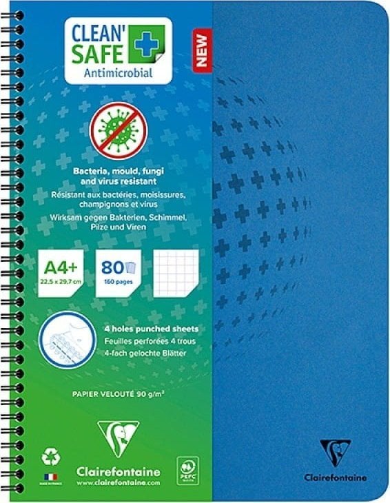 Caiet Clairefontaine CLAIREFONTAINE, Clean Safe, antibacterian, A4+, 60 pagini, grilă, albastru