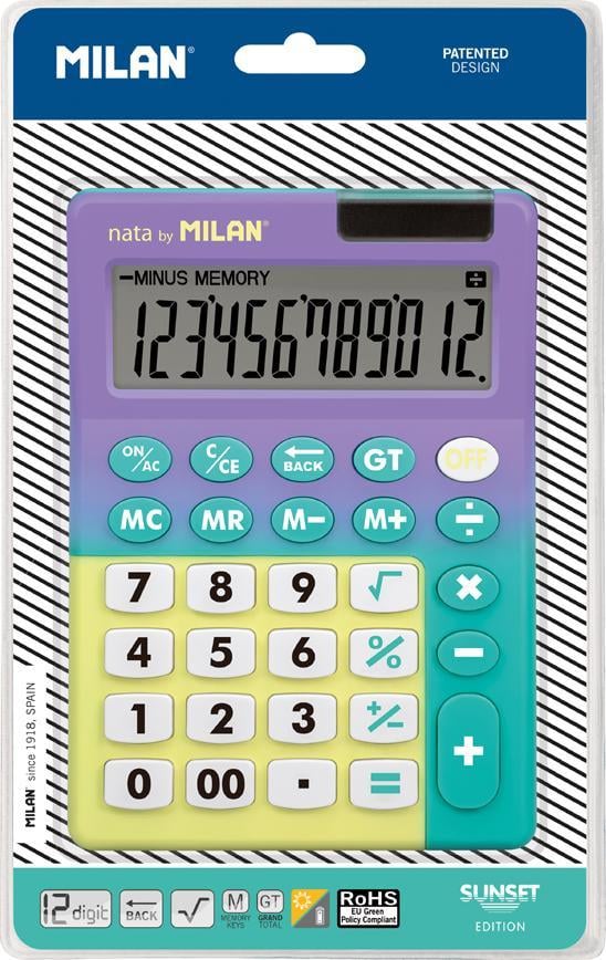 Calculator 12 cifre, Milan, Editie Sunset, 4 taste de memorie, Mov, turcoaz si galben