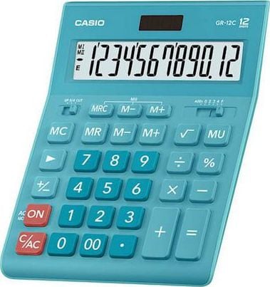 Calculator de birou Casio Gr 12C-LB, 12 cifre, Baterie/Energie solara, 34.7x155x209 mm, Albastru deschis