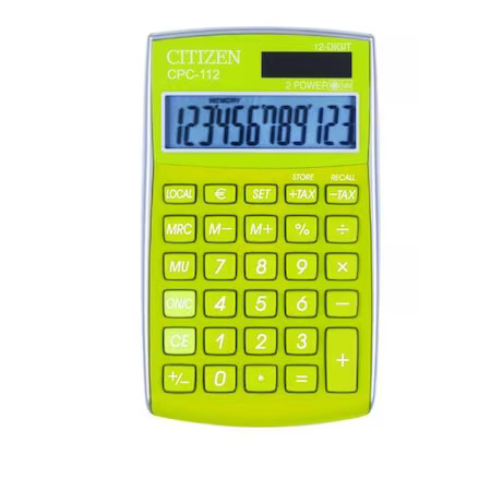 Calculator de birou CITIZEN CPC-112, solar, 12 cifre, afisaz inclinat, format mic, functie Tax, 120 x72 mm, verde