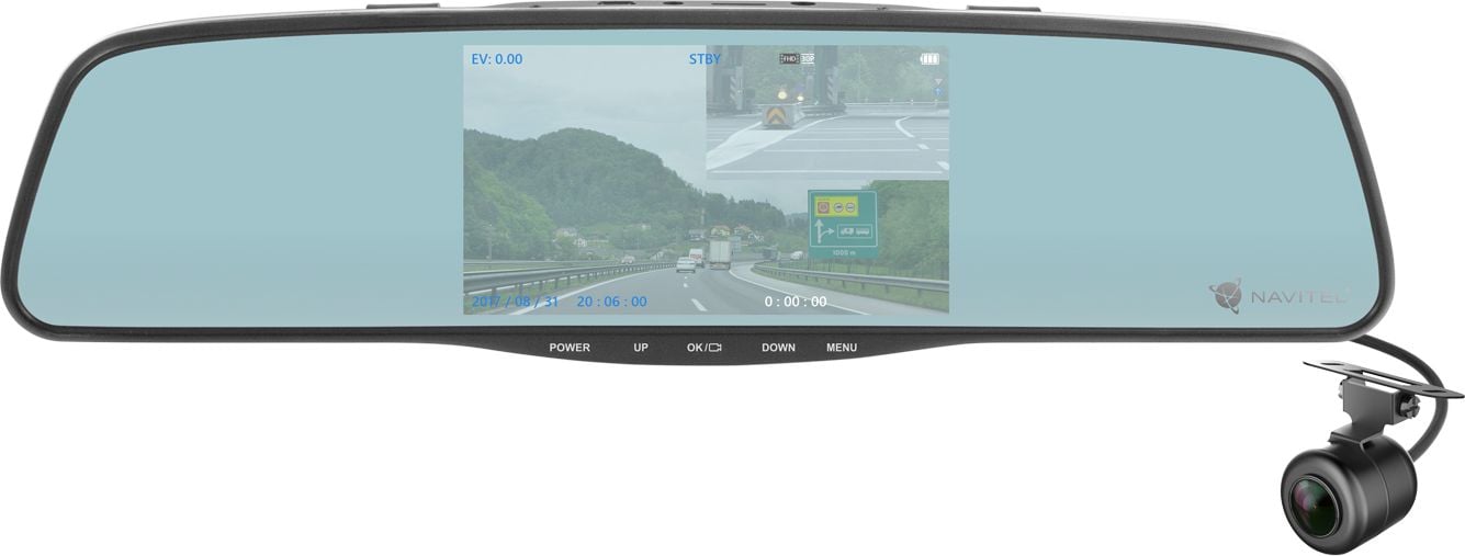Camera Auto DVR Navitel MR250, fixare pe oglinda retovizoare, ecran 5`, FHD/30fps, G-Sensor, camera fata si spate, carcasa din metal, camera secundara IP65