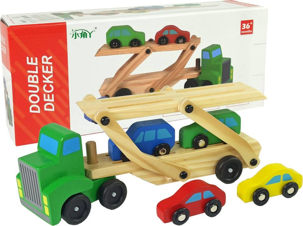 Camion de remorcare verde din lemn Lean Sport cu blocuri de mașini