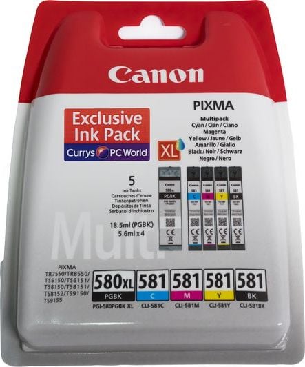 Canon PGI-580XL Black & CLI-581 B/C/M/Y Multipack Ink Cartridges,2024C006