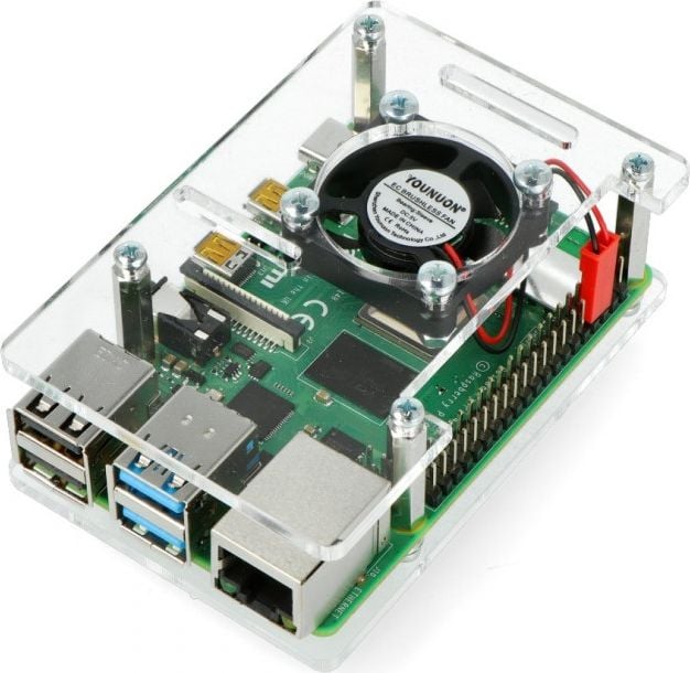 Carcasă Gravlaser pentru Raspberry Pi 4B/3B+/3B/2B deschisă cu ventilator - transparentă