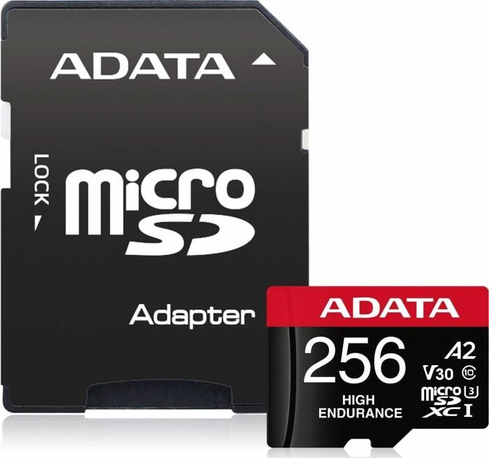 Card ADATA MicroSDXC de înaltă rezistență 256 GB Clasa 10 UHS-I/U3 A2 V30 (AUSDX256GUI3V30SHA2-RA1)