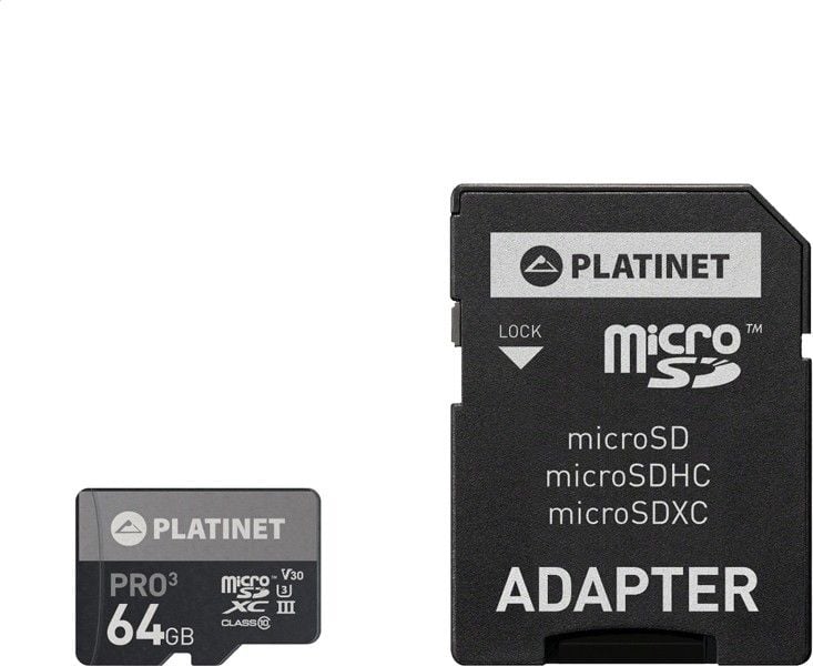Card de memorie cu adaptor SD (clasa 10), Platinet MicroSDXC Secure Digital With Adapter SD 64GB UIII A1
