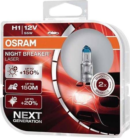 Carmotion Żarówki OSRAM H1 12V 55W P14,5 Night Breaker Laser, Next Generation +150%, 2 szt.