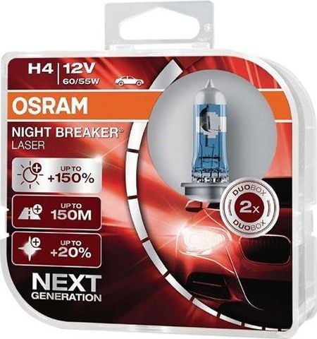 Becuri Carmotion OSRAM H4 12V 60/55W P43t Night Breaker Laser, Next Generation +150%, 2 buc.