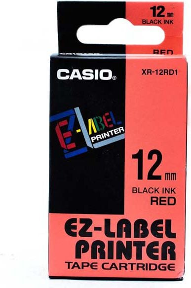 Banda compatibila Casio XR-12RD1, 12mm x 8m text negru / fundal rosu