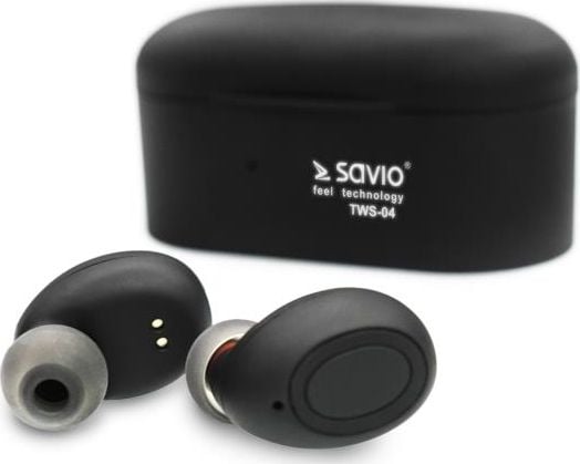 Casti Audio In-Ear, Savio TWS-04, True Wireless, Stereo Sound, Bluetooth 5.0, Power Bank, Black