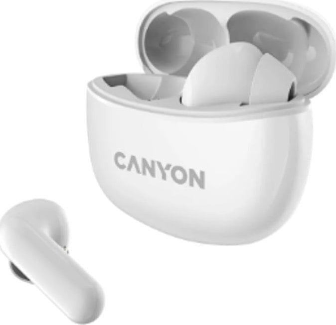 Căști Canyon CANYON TWS-5, căști Bluetooth, cu microfon, BT V5.3 JL 6983D4, răspuns în frecvență: 20Hz-20kHz, acumulator EarBud 40mAh*2+Carcasă de încărcare 500mAh, lungime cablu tip C 0.24m, dimensiune: 58.915*522 *25,5 mm, 0,036 kg, alb
