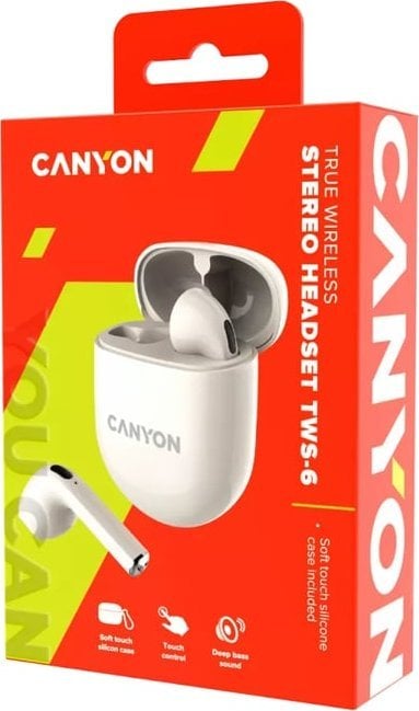 Căști Canyon CANYON TWS-6, căști Bluetooth, cu microfon, BT V5.3 JL 6976D4, răspuns în frecvență: 20Hz-20kHz, acumulator EarBud 30mAh*2+Carcasă de încărcare 400mAh, lungime cablu tip C 0.24m, Dimensiune: 64*48 *26 mm, 0,040 kg, bej