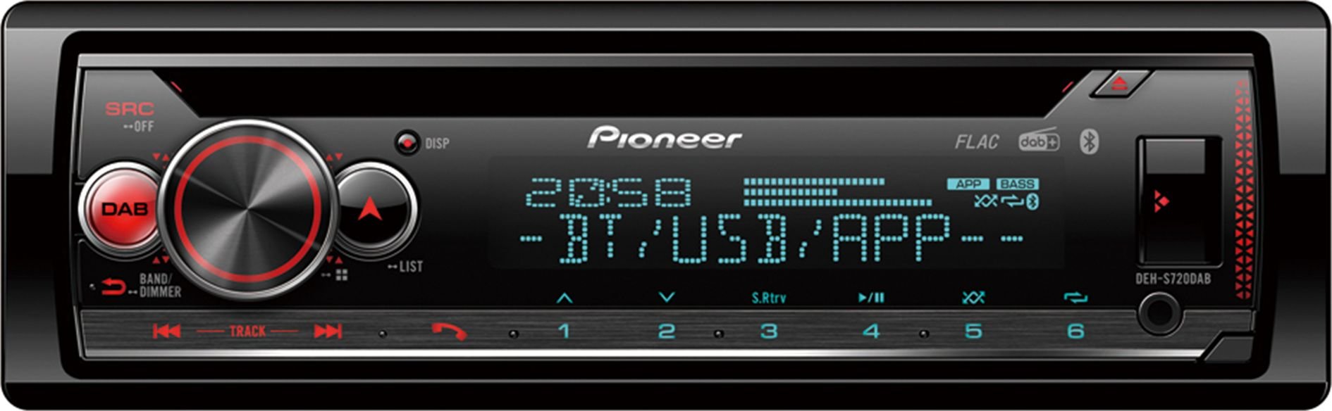 Radio, CD, DVD player auto - CD player auto Pioneer DEH-S720DAB, 1DIN, DAB/DAB+, Bluetooth, Spotify, 4x50W, USB, iluminare Multicolor, compatibil dispozitiv Apple/Android, Pioneer ARC App