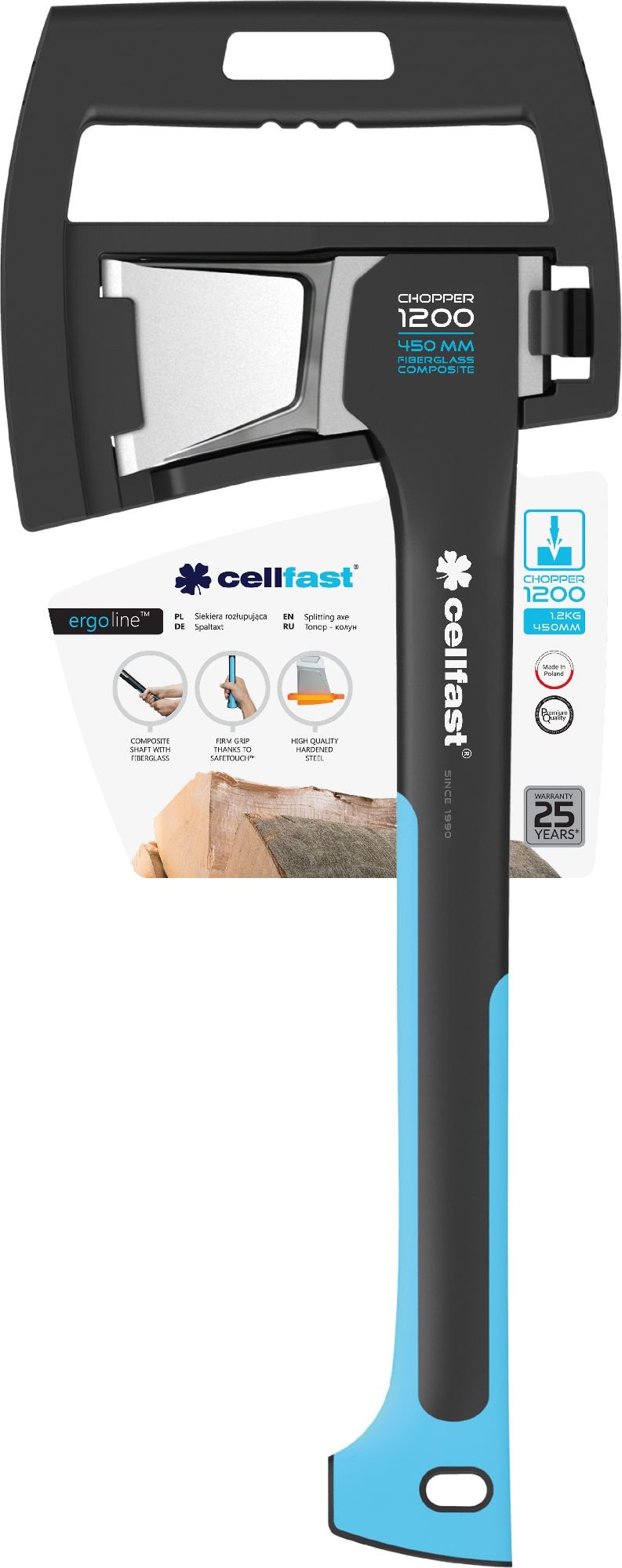 Topor pentru despicat Cellfast C1200 ERGO,lungime 450 mm,greutate 1200 gr, coada fibra de sticla,lama otel calit prin inductie