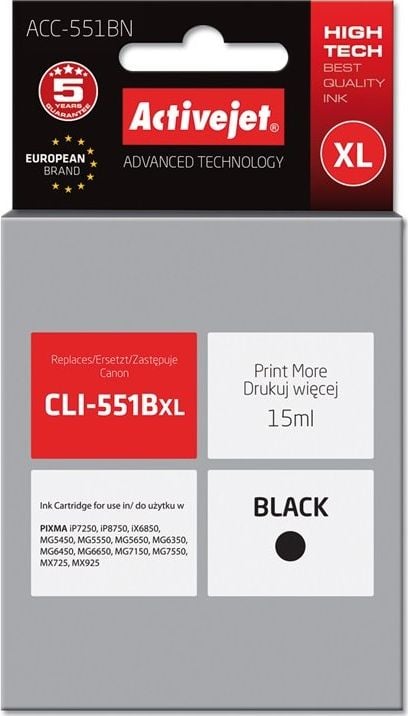 Cerneală Activejet Cerneală Activejet ACC-551BN (de înlocuire Canon CLI-551BK; Supreme; 15 ml; negru)