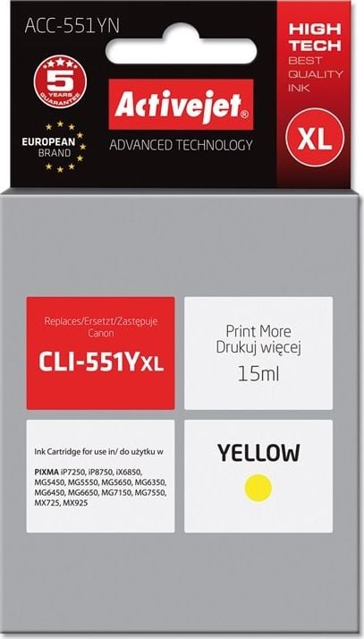 Cerneală Activejet Cerneală Activejet ACC-551YN (de înlocuire Canon CLI-551Y; Supreme; 15 ml; galben)